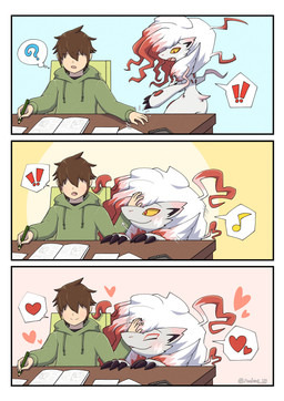 ambiguous_gender anthro brown_hair claws clothing duo exclamation_point eyebrows eyeless eyes_closed fur grey_body grey_fur hair headpat heart_symbol hoodie male musical_note musical_symbol open_mouth pencil_(object) petting question_mark red_eyes simple_background symbol tongue tongue_out topwear white_hair yellow_sclera rocking_jjj nintendo pokemon generation_8_pokemon hisuian_form hisuian_zoroark human mammal pokemon_(species) regional_form_(pokemon) 2025 absurd_res comic hi_res signature