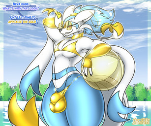 anthro ball balls_outline beach_ball big_bulge bikini blue_markings blue_sky bulge clothed clothing collar crossdressing detailed_background detailed_bulge dialogue ear_piercing ear_ring eyewear femboy flirting flirting_with_viewer genital_outline gold_(metal) gold_armwear gold_bikini gold_collar gold_ear_ring gold_sunglasses golden_markings hoop_ear_ring inflatable male markings metal_collar outside piercing plant ring_piercing seductive skimpy_bikini sky smile solo speech_bubble sunglasses swimming_pool swimwear tail talking_to_viewer text thick_thighs tree two-piece_swimsuit water wide_hips wingedwilly golden_week nintendo pokemon aki_(wingedwilly) generation_5_pokemon mienshao pokemon_(species) 2026 6:5 absurd_res english_text hi_res