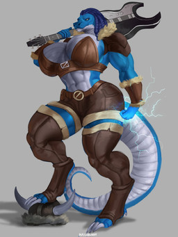 5_fingers abs anthro armor belt big_breasts blue_body blue_hair blue_scales bottomwear bra breasts claws cleavage cleavage_overflow clothed clothing countershading dreadlocks electric_guitar electricity electricity_manipulation elemental_manipulation eyelashes female fingers fully_clothed grey_background guitar hair headgear helmet holding_guitar holding_musical_instrument holding_object huge_breasts leather leather_armor leather_clothing legwear lightning long_claws midriff multicolored_body multicolored_scales muscular muscular_anthro muscular_arms muscular_female musical_instrument navel non-mammal_breasts plucked_string_instrument scales short_hair shorts simple_background solo standing step_pose string_instrument tail thick_tail thick_thighs thigh_highs toe_claws two_tone_body two_tone_scales unconvincing_armor underwear vein veiny_arms white_body white_claws white_scales wide_hips yellow_eyes bremonqueen_(artist) alligatorid crocodilian reptile scalie 3:4 hi_res