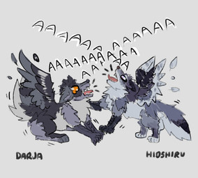 aaaaa chibi duo feathers female feral fluffy fluffy_tail humor neck_tuft screaming silly silly_face simple_background spread_wings tail tuft wings sorajona darja_(character) hioshiru_(character) canid canine enfield mammal hi_res