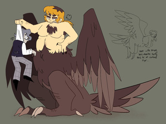 3_toes 4_fingers annoyed arm_hair armpit_hair avian_feet black_claws black_clothing black_footwear black_shoes black_topwear black_vest blonde_hair bodily_fluids body_hair bottomwear breasts brown_body brown_eyebrows brown_feathers brown_skin brown_tuft chest_tuft claws clothed clothed/nude clothing duo ellipsis eyebrows eyelashes feather_tuft feathered_wings feathers featureless_breasts feet female fingers flying footwear grey_background grey_hair hair half-closed_eyes hand_on_hip hand_on_own_hip holding_another lifting_another long_hair looking_at_another looking_back male narrowed_eyes nude pale_skin pants pattern_bottomwear pattern_clothing pattern_pants plaid plaid_bottomwear plaid_clothing plaid_pants ponytail purple_bottomwear purple_clothing purple_pants shadow sharp_teeth shirt shoes simple_background sitting sitting_on_ground slightly_chubby slightly_chubby_female slightly_chubby_humanoid surprise surprised_expression sweat sweatdrop tail tail_feathers talons teeth text tied_hair toes topwear tuft vest white_body white_clothing white_shirt white_skin white_topwear wings omnidraconia european_mythology fear_&_hunger_2:_termina fear_and_hunger greek_mythology mythology daan_(fear_and_hunger) karin_(fear_and_hunger) avian avian_taur harpy human humanoid mammal mythological_avian mythological_creature taur 2024 colored english_text hi_res shaded sketch