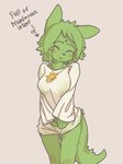 anthro blush breasts clothed clothing directional_arrow eyes_closed female fluffy fur green_body green_fur hair jewelry leg_tuft markings neck_tuft necklace outline oversized_clothing partially_clothed shirt simple_background solo tail text topwear tuft mewridan rain_world videocult saint_(rain_world) felid feline felis mammal slugcat absurd_res digital_media_(artwork) english_text full-length_portrait hi_res portrait