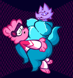 anthro belly big_belly big_breasts blue_clothing blue_suit breasts clothing cuddling duo huge_belly male male/male overweight pink_body purple_body suit thick_thighs zero_suit metroid nintendo alien mammal scalie low_res