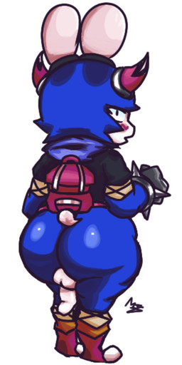 4_fingers anthro antlers backpack balls bandage bandaged_arm bandaged_leg belly black_clothing blue_body blue_fur blue_hair bracelet circle_eyebrows clothing countershade_ears countershade_face countershading ears_up embarrassed eyebrows fingers flaccid fur genitals gloves hair handwear horn jewelry looking_at_viewer male multicolored_horn penis scarf shirt simple_background small_tail solo spiked_bracelet spikes tail thick_thighs topwear tuft wide_hips monch28 jackie_bonnibel humanoid jackalope lagomorph leporid mammal rabbit hi_res