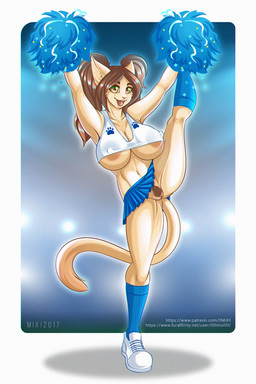 anthro areola areola_slip big_breasts bottomwear breasts cheerleader cheerleader_outfit clothed clothing erect_nipples female flexible genitals miniskirt nipple_outline nipples no_underwear outline pom_poms pubes skirt solo splits spread_legs spreading under_boob vulva white_outline galacticmichi katrina_fowler domestic_cat felid feline felis mammal 2017 2:3