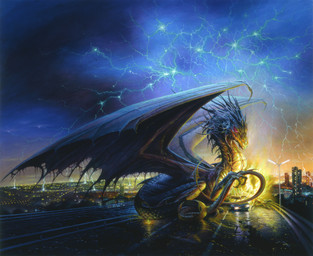 ambiguous_gender building car city claws cloud destruction detailed_background electricity feral lamp lightning looking_down membrane_(anatomy) membranous_wings night on_car outside road sitting solo tail vehicle wings jon_sullivan mythology dragon mythological_creature mythological_scalie scalie 1998 absurd_res book_cover cover hi_res traditional_media_(artwork)