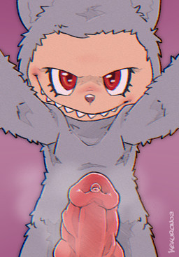 animal_genitalia animal_penis anthro camera_view canine_genitalia canine_penis eyelashes fur genitals grey_body grey_fur knot male pale_skin penis penis_poking_out pink_nose red_eyes sharp_teeth simple_background smile solo teeth text toy kekuronoa labubu_(toy) humanoid imp labubu artist_name hi_res signature