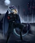 anthro back_wings blue_body cigarette clothing curved_horn detailed_background feet female freckles hair horn military military_uniform moon night sky smoke smoking solo toes uniform wings yellow_eyes sinniethecat mythology dragon mythological_creature mythological_scalie scalie 4:5 hi_res