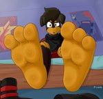 3_toes anthro bed bedroom clothing feet foot_fetish foot_focus footwear furniture male paws poster question_mark shoes soles solo toes mr_fuwa canid canine canis domestic_dog mammal absurd_res hi_res