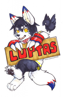 anthro black_body black_bottomwear black_clothing black_feathers black_hair black_nose black_pants black_pawpads black_wings blue_body blue_fur bottomwear chibi clothed clothing duo fangs feathered_wings feathers fur glistening glistening_pawpads hair male messy_hair open_mouth orange_pupils pants pawpads pink_tongue pupils red_body red_fur short_hair sign simple_background teeth three-quarter_view tongue topwear white_background white_body white_clothing white_fur white_topwear wings yellow_clothing yellow_eyes yellow_topwear asnnonaka luptas_(asnnonaka) avian bird canid canine canis corvid corvus_(genus) crow domestic_dog hybrid mammal oscine passerine wolf wolfdog 2016 dated hi_res signature