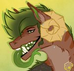 anthro brown_body fangs forked_tongue green_eyes green_hair green_tongue hair horn male solo teeth tongue bumblewish_(artist) mythology dragon mythological_creature mythological_scalie scalie hi_res