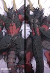 abs ambiguous_gender anthro armor claws dakimakura digitigrade finger_claws front_view grey_body hand_behind_head horn lying on_back on_front rear_view red_body snout solo tail toe_claws layer_(artist) unknown_species dakimakura_design hi_res shaded watermark