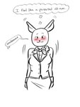 anthro ascot blood blush bodily_fluids bottomwear breasts buttoned_clothing clothed clothing dress_shirt dress_uniform female front_view jacket motion_lines nosebleed shirt simple_background skirt smile solo text thought_bubble topwear mutedlavender beastars haru_(beastars) domestic_rabbit dwarf_rabbit lagomorph leporid mammal oryctolagus rabbit 3:4 hi_res monochrome portrait three-quarter_portrait