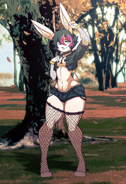 anthro armwear athletic autumn black_hair blue_eyes bottomwear bracelet bulge choker clothing cropped_jacket emo_haircut femboy fishnet_armwear fishnet_clothing fishnet_leggings fishnet_legwear fishnet_topwear fur hair highlights_(coloring) hotpants jacket jewelry leggings legwear long_ears looking_at_viewer male multicolored_hair nature navel necklace one_eye_closed outside park paws piercing purple_hair raised_tail shorts smile solo straps tail thick_thighs thigh_highs topwear two_tone_hair white_body white_fur wide_hips wink rook_kawa vield lagomorph leporid mammal rabbit absurd_res hi_res