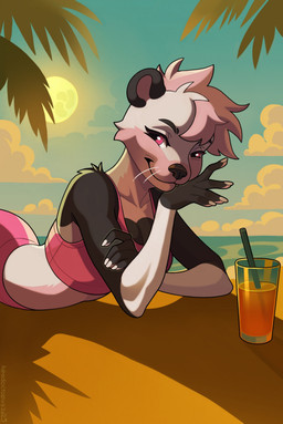 5_fingers anthro beach beverage breasts clothing cloud drinking_straw female fingers fur hair juice_(beverage) looking_at_viewer moon multicolored_body multicolored_fur palm_tree plant sand seaside sky solo summer sunset swimwear tree water whiskers white_body white_fur headoctopus mammal mustelid otter hi_res signature