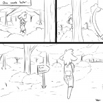1:1 anthro backpack black_and_white bottomwear bovid butt caprine clothed clothing comic cutoffs denim denim_bottomwear denim_clothing digital_drawing_(artwork) digital_media_(artwork) domestic_sheep duo english_text female forest fully_clothed hair hiding hiding_behind_tree looking_at_another male mammal monochrome outside peeping plant rear_view sheep shirt shorts shrub side_view sign slypon solo_focus stalking tail text time_skip tom_(ehs) topwear tree walking