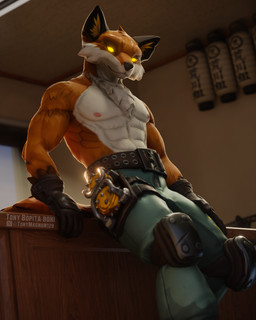abs anthro areola athletic athletic_anthro athletic_male belt black_clothing black_gloves black_handwear black_nose bottomwear brown_body brown_fur chest_tuft clothed clothing countershading detailed_background fur gloves glowing glowing_eyes handwear inner_ear_fluff jumpsuit jumpsuit_down knee_pads leaning_on_object male male_anthro muscular muscular_anthro muscular_male nipples pants pecs pointy_ears prick_ears smile snout topless topless_anthro topless_male tuft white_body white_fur tonymagnum129 zanjideaf7_(modeler) epic_games fortnite fennix_(fortnite) canid canine fox mammal red_fox true_fox 3d_(artwork) 4:5 absurd_res digital_media_(artwork) hi_res