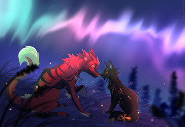 aurora_(phenomenon) boop duo feral fur male male/male nose_boop vaitins mythology anonymous_character didact_(muttsu_okami) anubian_jackal canid canine canis dragon furred_dragon furred_scalie jackal mammal mythological_creature mythological_scalie scalie absurd_res hi_res