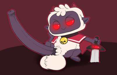 2_horns 4_fingers anthro ball_tuft balls bell bell_collar big_balls big_penis black_body black_penis cape clothing collar fingers fur genitals head_tuft horn huge_balls huge_penis hyper hyper_genitalia hyper_penis male male_anthro melee_weapon penis red_eyes sheath_tuft sword sword_on_ground tuft weapon white_body white_fur wool_(fur) emenius cult_of_the_lamb massive_monster_(studio) lamb_(cult_of_the_lamb) bovid caprine mammal sheep 2022 absurd_res hi_res