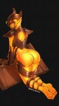 armor big_butt black_background butt clothed clothing feet feet_together female fire heart_symbol kneeling looking_back mask orange_body partially_clothed plantigrade pointy_ears pose red_eyes simple_background solo wood harts_sketches atronach elemental_creature fire_creature flame_atronach humanoid 9:16 full-length_portrait hi_res pinup portrait