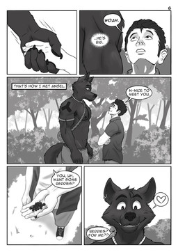 anthro comic_panel dialogue duo forest forest_background jewelry male nature nature_background necklace plant shrub size_difference speech_bubble tattoo text tree tribal tribal_clothing tribal_jewelry tribal_necklace tribal_tattoo alphasabre ansel_(alphasabre) silas_(alphasabre) canid canine canis human mammal wolf comic english_text greyscale hi_res monochrome