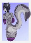 alternative_fashion anthro arm_warmers armwear big_tail black_hair butt clothing emo femboy fur green_eyes grey_body grey_fur hair legwear looking_at_viewer male simple_background solo spots stockings tail thigh_highs lumihime avery_lovetta felid leopard mammal pantherine snow_leopard 2019 digital_media_(artwork)