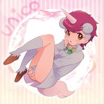 blue_clothing blush brown_clothing brown_footwear brown_shoes clothing crossgender daww eyelashes female footwear green_bow hair hooves horn mane orange_eyes pink_hair pink_mane shoes solo tail text unicorn_horn utsuro_atomo osamu_tezuka sanrio unico_(series) unico_(kemono_friends) animal_humanoid equid equid_humanoid humanoid mammal mammal_humanoid unicorn_humanoid 1:1 2021 digital_drawing_(artwork) digital_media_(artwork) english_text