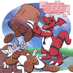 basket bread container dialogue duo food text trevor-fox bandai_namco digimon digimon_(species) guilmon scalie 1:1 english_text hi_res