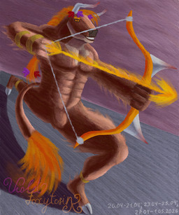 abs anthro arrow_(weapon) bow_(weapon) gold_(metal) gold_jewelry hair hooves horn jewelry male muscular muscular_male nude orange_eyes orange_hair pecs ranged_weapon simple_background solo tail weapon violet_foxytosin ilios_(hasherino) bovid bovine cattle mammal 2026 dated digital_media_(artwork) hi_res krita_(artwork) signature