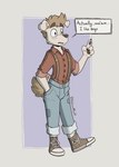 anthro bottomwear clothing collared_shirt denim denim_bottomwear denim_clothing dialogue dress_shirt eye_bags footwear hand_in_pocket jeans male pants pockets raised_finger rolled_up_sleeves shirt shoes sneakers solo speech_bubble stated_homosexuality stated_sexuality suspension topwear debianmutt canid canine canis domestic_dog mammal absurd_res hi_res