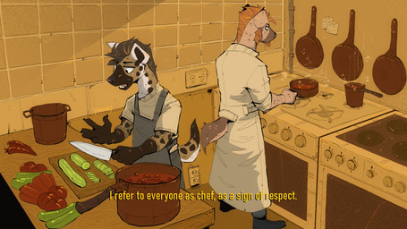 anthro appliance apron carrot clothing cooking cooking_pot cookware cucumber dialogue duo ears_up electric_outlet food fruit frying_pan holding_knife holding_object kitchen kitchen_appliance kitchen_utensils knife male male/male outlet oven plant soup tail text tools vegetable mawkvlt hyena mammal spotted_hyena 16:9 4k absurd_res english_text hi_res widescreen