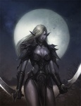 armor dual_wielding female hair holding_melee_weapon holding_object holding_sword holding_weapon looking_at_viewer melee_weapon not_furry solo standing sword thick_thighs unconvincing_armor weapon white_hair unknown_artist lineage_(series) dark_elf_(lineage) dark_elf drow elf humanoid