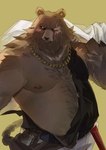 anthro black_clothing black_shirt black_topwear blush bottomwear brown_body brown_fur chain_necklace clothing eye_scar facial_scar fur jewelry male moobs necklace overweight overweight_male pants scar shirt simple_background solo topwear torn_clothing white_bottomwear white_clothing white_pants yellow_background iwiwiwii mihoyo zenless_zone_zero ben_bigger bear mammal 2025
