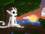 ambiguous_gender anthro black_nose black_sclera cloud glowing glowing_body glowing_tail hooves plant sea sitting sitting_on_branch sitting_on_tree sky solo sunset tail tree water white_body white_ears white_eyes white_tail rising1star microsoft moon_studios ori_(series) xbox_game_studios ori_(ori) guardian_spirit 2022 4:3 absurd_res cel_shading colored digital_media_(artwork) hi_res shaded