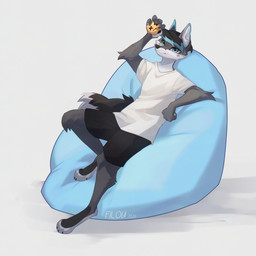 anthro apple belly black_bottomwear black_clothing blue_ear_tips blue_eyes blue_hair bottomwear chair clothed clothing dipstick_ears dipstick_tail ear_markings fluffy fluffy_tail food fruit fur furniture grey_body grey_fur grey_hair hair inflatable_chair male markings multicolored_ears plant shirt simple_background smile solo t-shirt tail tail_markings topwear white_belly white_body white_clothing white_fur white_palms white_shirt white_t-shirt white_tail_tip white_topwear filoubee mile_(milefox) canid canine fox mammal 1:1 absurd_res hi_res