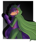 anthro breasts brown_body brown_feathers cape clothing feathers female green_clothing hair hood looking_at_viewer non-mammal_breasts purple_clothing red_hair smile solo superhero superhero_costume kinkypeach darkwing_duck disney ducktales ducktales_(2017) gosalyn_mallard gosalyn_waddlemeyer quiverwing_quack anatid anseriform avian bird duck hi_res