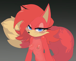 anthro areola blush breasts female fur hair half-closed_eyes looking_at_viewer narrowed_eyes nipples nude simple_background smile solo tail sabrotiger archie_comics sega sonic_the_hedgehog_(archie) sonic_the_hedgehog_(comics) sonic_the_hedgehog_(series) fiona_fox canid canine fox mammal digital_media_(artwork) hi_res
