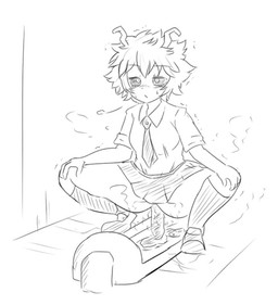 accessory bathroom bottomwear butt clothing feces feces_in_ass female necktie pooping pooping_in_toilet school_uniform shirt skirt solo spread_legs spreading toilet_use topwear uniform unknown_artist my_hero_academia ashido_mina humanoid quirked_human_(my_hero_academia) monochrome
