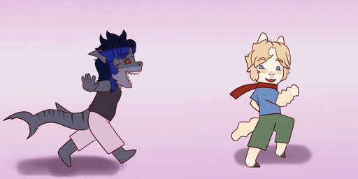 anthro bite chasing clothed clothing duo female playing scarf simple_background young liryal jackie_schmitfaust tilcara_(liryal) alpaca aquatic camelid fish mammal requiem_shark shark tiger_shark absurd_res animated animated_comic comic hi_res