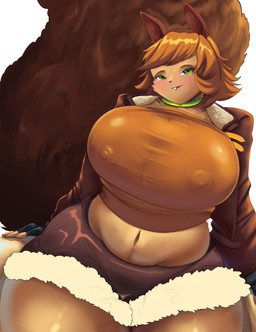 anthro anthrofied belly big_breasts bottom_heavy breasts brown_hair buckteeth clothed clothing crop_top curvy_figure female female_anthro freckles fur_trim green_eyes hair huge_breasts jacket looking_at_viewer low-angle_view nipple_outline shirt short_hair sitting slightly_chubby solo suggestive teeth thick_thighs tight_clothing topwear voluptuous wide_hips sencna_art marvel squirrel_girl_(marvel) mammal rodent sciurid tree_squirrel hi_res