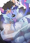 anthro blue_body blue_fur chest_tuft duo fur long_tongue male mid_transformation muscular muscular_male nipples pecs tongue tongue_out transformation tuft twinning dancom67 lifewonders tokyo_afterschool_summoners tindalos_(tas) canid canine canis human mammal wolf absurd_res hi_res