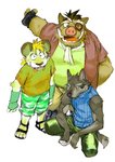 anthro biped bottomwear brown_body brown_fur clothing eye_patch eyewear fur group kemono male overweight overweight_male pants shirt shorts simple_background topwear white_background daich inuya canid canine mammal suid suine sus_(pig) wild_boar 2007 archived_source