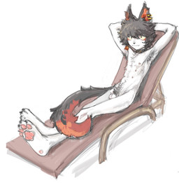 adolescent animal_genitalia anthro armpit_hair body_hair ear_piercing ear_ring fully_sheathed genitals hands_behind_head male male_anthro medium_hair multi_nipple nipples pawpads piercing pubes ring_piercing sheath sitting young young_anthro young_male shinni arknights hypergryph studio_montagne aak_(arknights) domestic_cat felid feline felis mammal 2024 hi_res