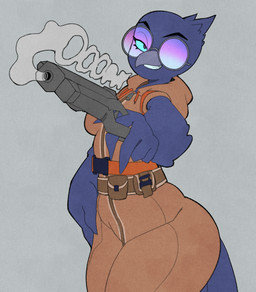 anthro black_body blue_eyes bottomwear breasts brown_bottomwear brown_clothing brown_jacket brown_pants brown_topwear clothing eyewear feathers female glasses jacket medium_breasts non-mammal_breasts pants purple_body smoke solo sunglasses thick_thighs topwear tranquilizer wide_hips nupi dreamworks the_bad_guys doom_(the_bad_guys) avian bird corvid corvus_(genus) oscine passerine raven hi_res