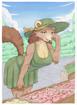 5_fingers anthro bent_over bent_over_with_legs_held_straight big_breasts biped breasts brown_body brown_fur cleavage clothed clothed_anthro clothed_female clothing cloud day dot_eyes dress female fingers food fruit fur green_clothing green_dress green_hat green_headwear hair hat headgear headwear humanoid_hands looking_down open_mouth open_smile outside plant shrub simple_eyes sky smile solo standing tail tan_body tan_fur tomato tree whiskers wide_brim_hat vinael binturong mammal viverrid 2025 colored digital_media_(artwork) hi_res krita_(artwork)