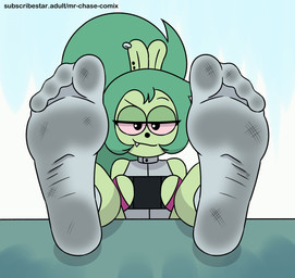 anthro clothing dirty dirty_clothing dirty_socks ear_piercing feet female foot_focus footwear green_body green_hair hair humanoid_feet piercing plantigrade smile socks soles solo toes mrchasecomix cartoon_network ok_k.o.!_let's_be_heroes adult_fink fink_(ok_k.o.!_lbh) mammal murid murine rat rodent hi_res