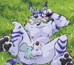 animal_genitalia animal_penis anthro balls biped bone canine_genitalia canine_penis disembodied_hand genitals grass looking_at_viewer male nipples nude paws penis plant presenting semi-anthro sheath smile solo spreading tail teeth dogflops bandai_namco digimon canid canine canis digimon_(species) garurumon mammal wolf digital_media_(artwork) hi_res