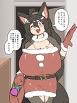 anthro big_breasts blush breasts christmas_clothing clothing door female front_view holidays huge_breasts inside looking_at_viewer one_eye_closed smile solo standing text komenuka_inaho christmas mohuko_(komenuka_inaho) canid canine canis domestic_dog mammal 3:4 hi_res japanese_text translation_request