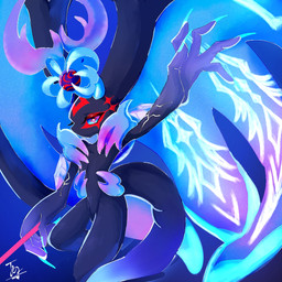 ambiguous_gender anthro antlers biped black_body blue_background colored_nails crystal digitigrade fingernails head_wings horn huge_wings looking_at_viewer mouthless nails pink_eyes pupils raised_arm simple_background solo star_eyes tail teal_fingernails teal_nails teal_sclera three-quarter_view unusual_wing_placement white_pupils wings chiriwahai kirby_(series) kirby_and_the_forgotten_land nintendo star-crossed_world genwel_meteonelfilis alien chinchilla chinchillid mammal rodent starling_(kirby) 1:1 digital_drawing_(artwork) digital_media_(artwork) full-length_portrait portrait signature male_(lore)