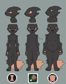 ambiguous_gender anthro black_body black_fur digitigrade female fur lineup orange_body orange_fur overweight overweight_anthro pawpads paws safe_nudity solo standing underweight colfy casualties:_unknown canid expie_(gunsawian) gunsawian hybrid mammal murid rodent